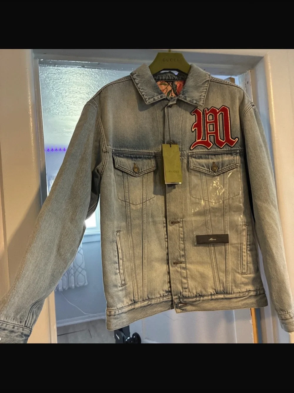 Gucci Light Gray Denim Jacket with Red 'M' Patch